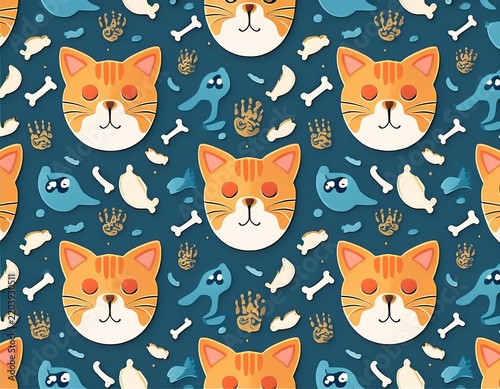 international cat day celebration graphic featuring cute feline faces and fish bone pattern background design