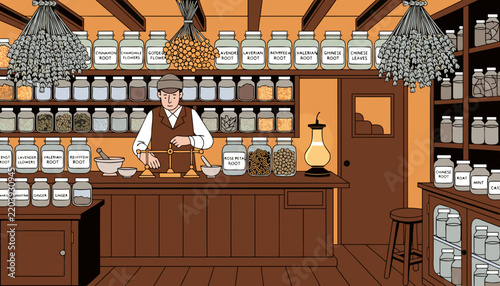 Traditional Herbal Apothecary Shop with Dried Herbs and Jars, Flat Vector Natural Medicine Wisdom Illustration