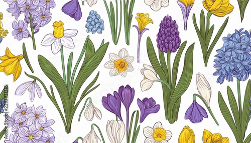 seamless pattern with spring flowers hand drawn liberty floral design on isolated background snowdrop crocus hyacinth primrose daffodils bluebell and violet