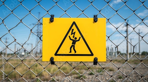 High voltage warning sign on chain link fence, yellow electrical hazard symbol at power substation, industrial danger alert for restricted area