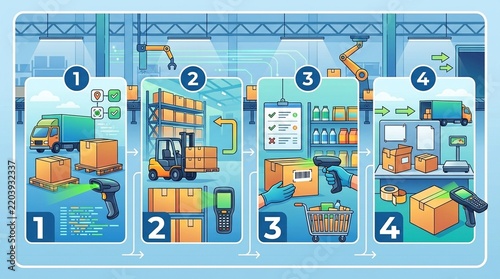 Warehouse Reference Poster Illustrating Scan Flow, Process Diagram and Workplace Training