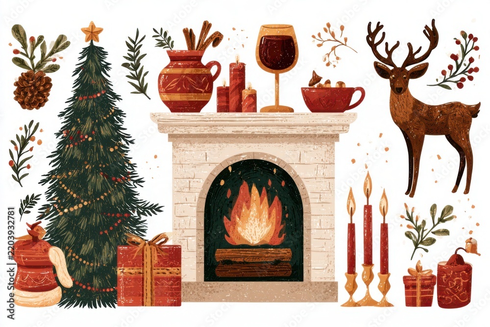 Fototapeta premium Cozy Christmas Holiday Fireplace Tree Gifts Deer Candles Vector