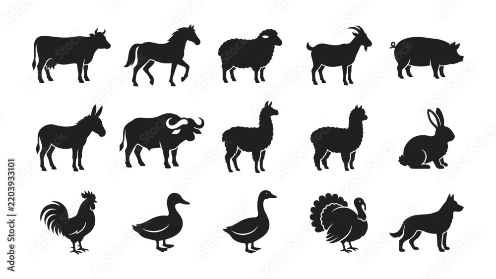 Obraz premium Farm Animal Silhouettes Collection: A collection of black silhouettes featuring various farm animals including cow, horse, sheep, goat, pig, donkey, buffalo, llama, rabbit, rooster, duck, goose.