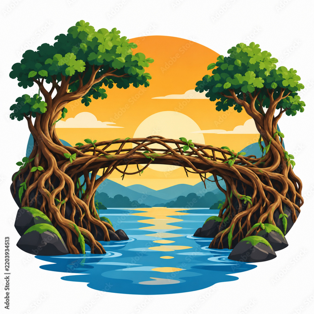 Obraz premium Natural living root bridge made of tree roots over river at beautiful sunset vector illustration