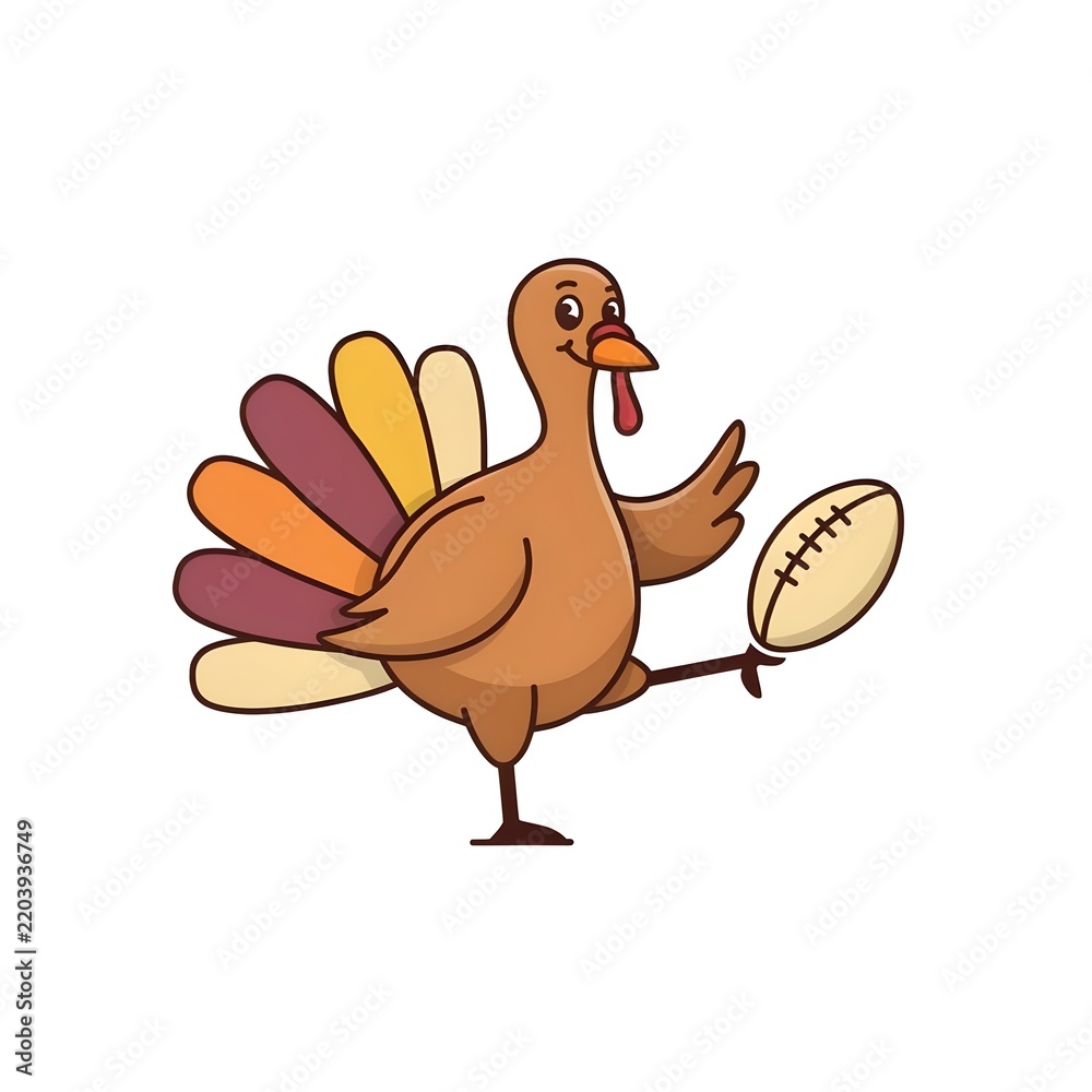 Fototapeta premium Adorable Turkey Mascot with Football Thanksgiving Sports Cartoon Illustration
