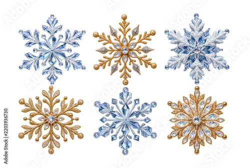 Set of six elegant decorative snowflakes in gold, silver and icy blue with sparkling crystal and jeweled details, isolated on transparent background. Luxury winter and Christmas design elements for fe