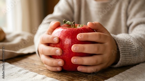 Child's Small Hands Holding a Bright Red Apple on a Rustic Wooden Table