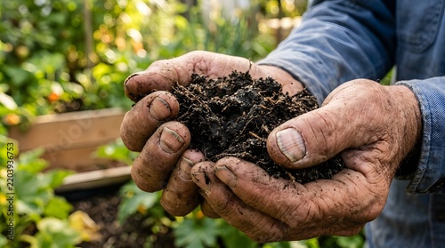 Close up of dirty hands holding rich organic soil in a sunny garden, concept of sustainability and farming