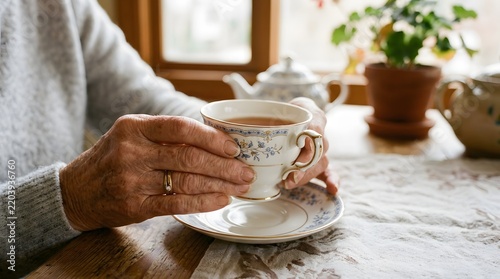 Close-up of Senior Woman Hands Holding Vintage Porcelain Cup of Tea in a Sunlit Room