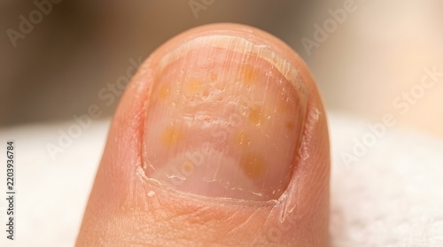 Extreme Macro of Fingernail with Yellow Spots and Pitting, Nail Psoriasis or Fungal Infection Concept