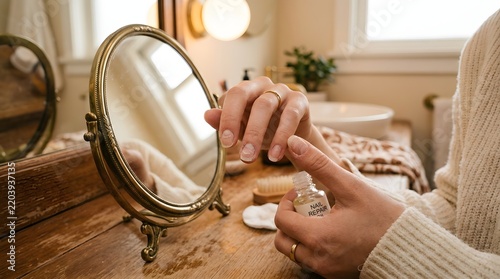 Woman Applying Nail Repair Treatment to Damaged Fingernails at a Vintage Vanity Mirror