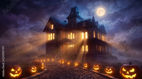Creepy illuminated Victorian haunted mansion with glowing jack o lanterns lining a cobblestone walkway at night
