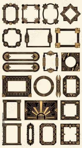 Art Deco decorative frames collection, gold and black geometric border set, premium flat vector designs with blank copy space