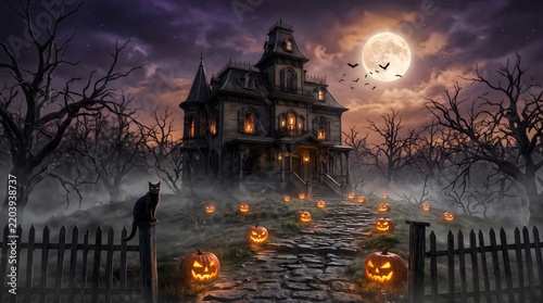 Spooky haunted mansion on a hill at night with glowing pumpkins and a black cat