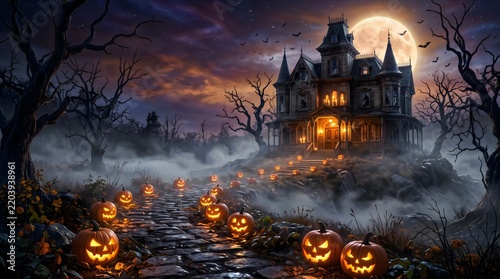 Spooky haunted Victorian mansion on a hill with glowing jackolanterns under full moon Halloween