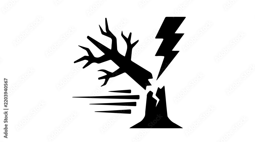 Fototapeta premium Tree Struck by Lightning and Broken by Wind Silhouette Icon.