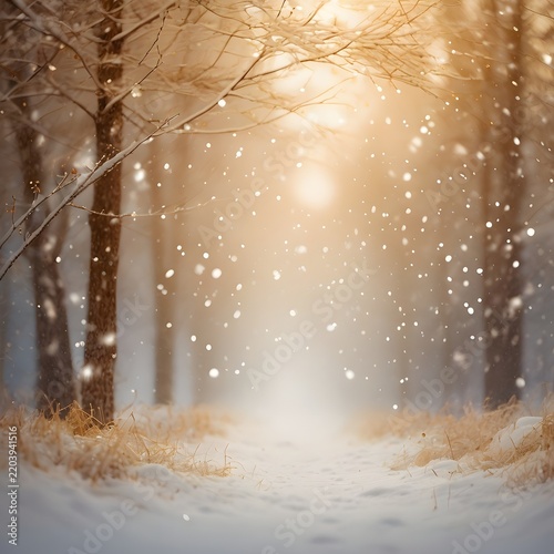 Soft falling snow with golden bokeh lights on a clean white Christmas background.