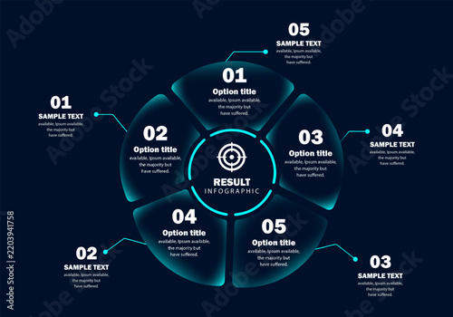 Glass effect 5 Steps venn diagram circle arrow Business Infographic Template for Process Presentation and Strategy Planning Vector Illustration.
