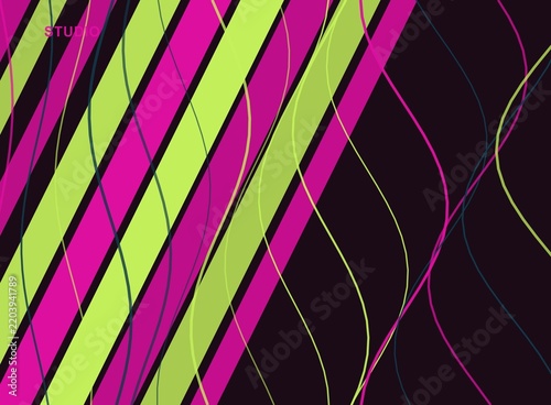 Abstract background with diagonal pink and green stripes and wavy curved lines