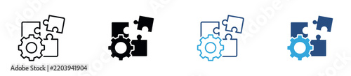 Integration Customization Icon Set, Gear, Puzzle Pieces, Integration, Configuration, Customization, Settings and Workflow Symbols. Vector Illustration.