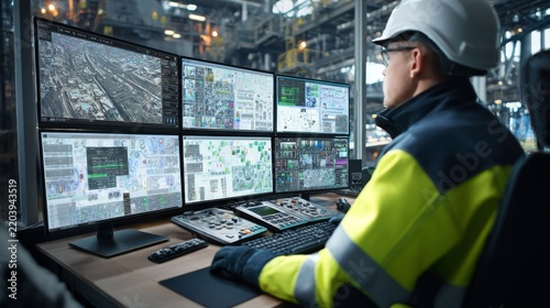 An operator in safety gear monitors several screens with complex data in an industrial control room