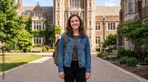 Smiling young woman stands on a college campus pathway surrounded by buildings and greenery