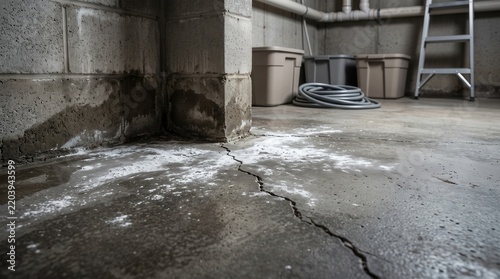 Cracked concrete floor in a basement with cleaning equipment nearby