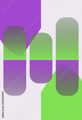 Abstract geometric composition featuring overlapping vertical pill shapes in vibrant green and purple colors transparent background