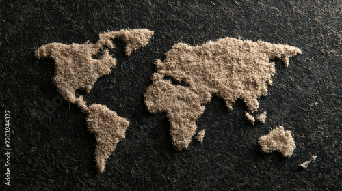 World Map Silhouette Made of Sawdust on Dark Surface