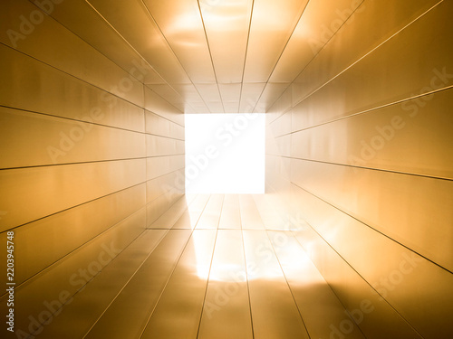 Interior view of a symmetrical tunnel or passage clad in gold-toned metal panels, leading toward a square opening flooded with bright white light. 