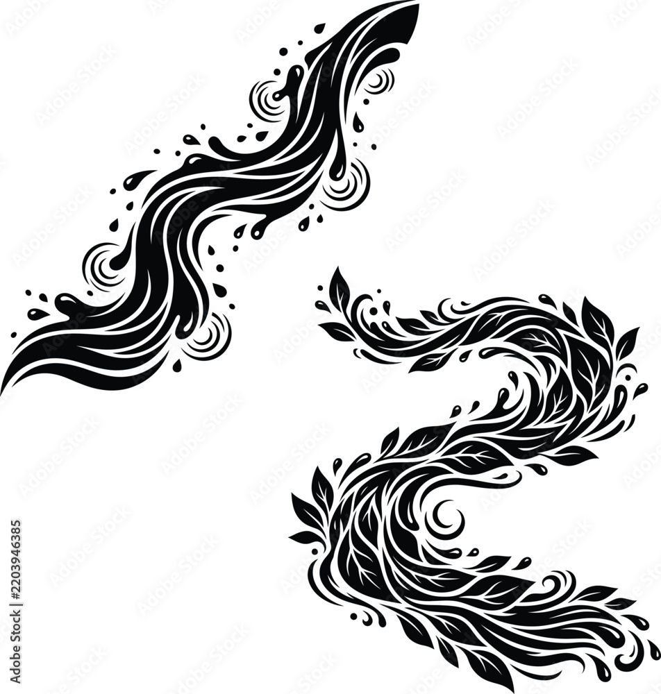 Fototapeta premium Decorative Water Wave and Leaf Ornament Vector Set