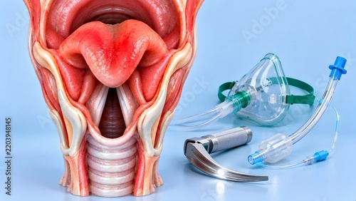 AI generated 3D anatomy of larynx and vocal cords with laryngoscope, endotracheal tube and oxygen mask for education