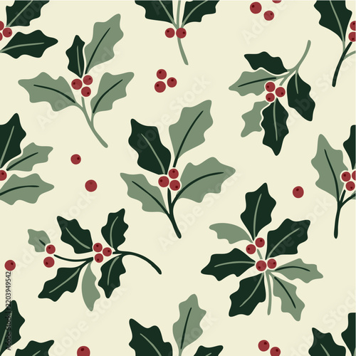 Christmas Holly Leaf and Red Berry Pattern on Cream