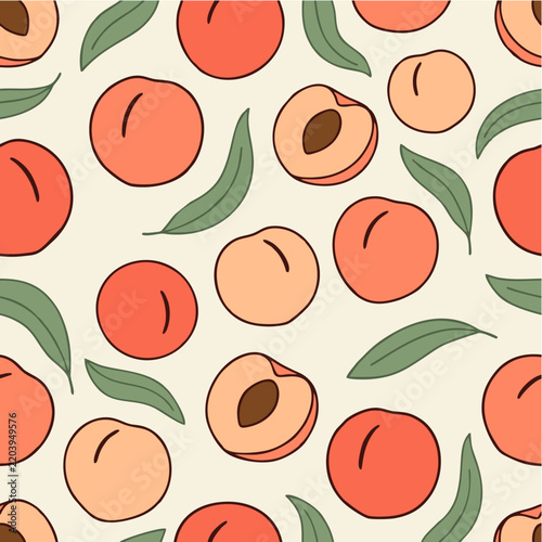Peach Fruit Pattern with Halves and Curved Sage Green Leaves