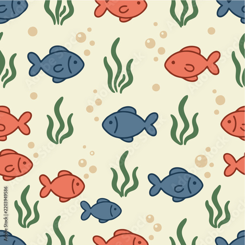 Blue and Coral Fish Pattern with Seaweed and Bubbles