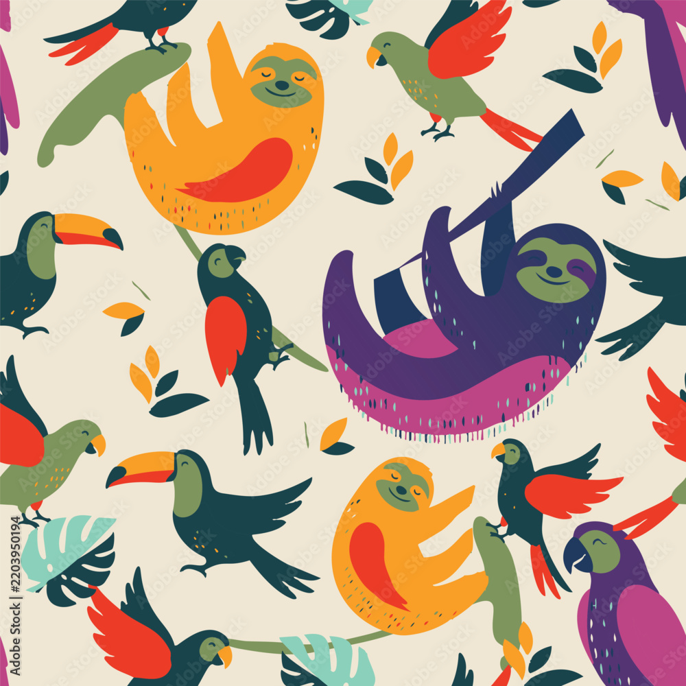 Fototapeta premium Seamless wildlife pattern with sloths hanging from tree branches beside toucans, parrots, and lush tropical leaves in bold flat colors on light background.