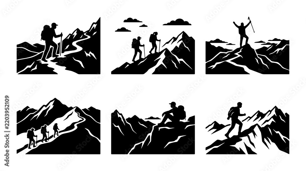Fototapeta premium Hikers silhouettes set with people climbing mountains and reaching summit for adventure and travel