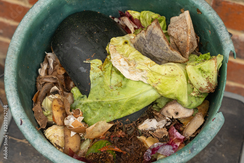 Cuadro en lienzo Close-up shot of kitchen food waste inside a composting bucket