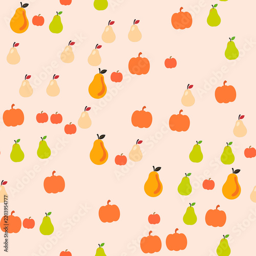 Seamless pattern of pumpkins, pears, and apples