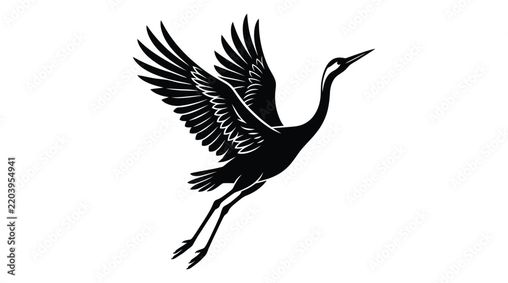 Fototapeta premium Majestic flying crane bird silhouette vector graphic illustration with sharp details and elegant curves