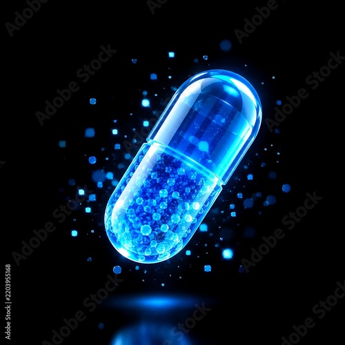 Glowing blue medical capsule pill with digital particles