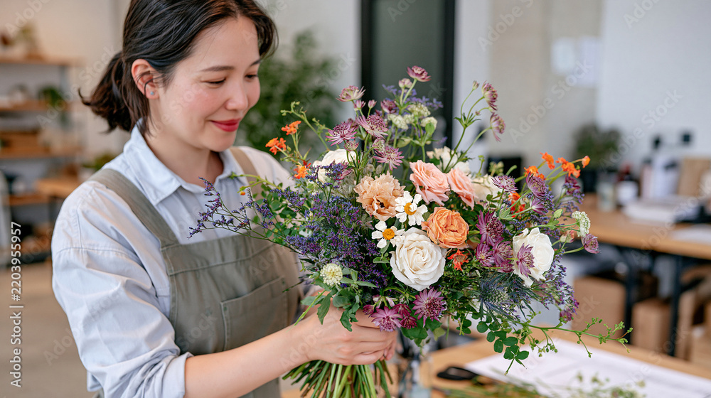 Fototapeta premium Wedding florist in an industrial studio diagnosing asymmetry in a bridal bouquet arrangement under artificial rigging lights comparing dried trial version against a fresh build in a before and after