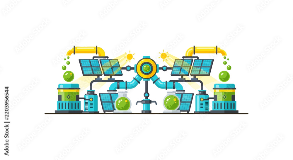 Fototapeta premium Flat Vector Illustration of Renewable Energy Facility with Solar Panels and Biofuel Production