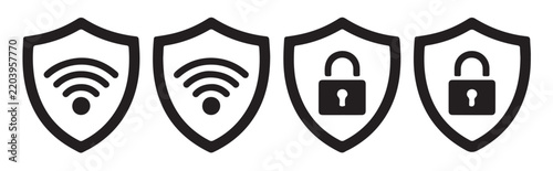 Wifi signal security protection shield icons black silhouettes for network safety and firewall status design.