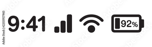 Digital status bar elements containing time wifi signal strength and battery charge level percentage icon.