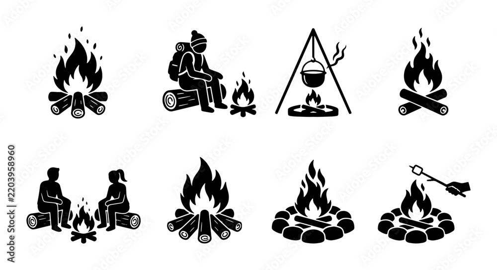 Fototapeta premium Campfire and camping silhouettes set with 8 icons for outdoor leisure and cooking
