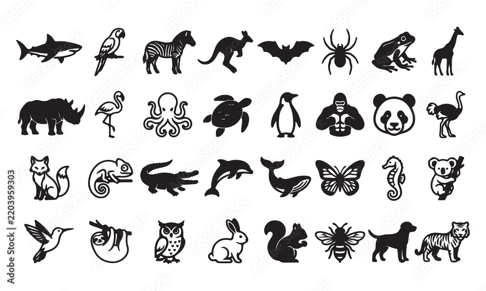 Fototapeta premium Animal Silhouette Vector Icons Bundle With Wildlife Insects Birds And Marine Life In Minimalist Black And White Style Art & Illustration