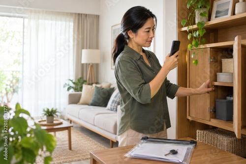 Woman using a smartphone to photograph shelving and room contents beside a clipboard during a home property inspection