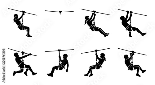 Zip line adventure, people silhouettes in action
