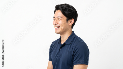 Obraz na płótnie 理学療法士の日本人男性のポートレート（笑顔の横顔の顔写真・白背景）